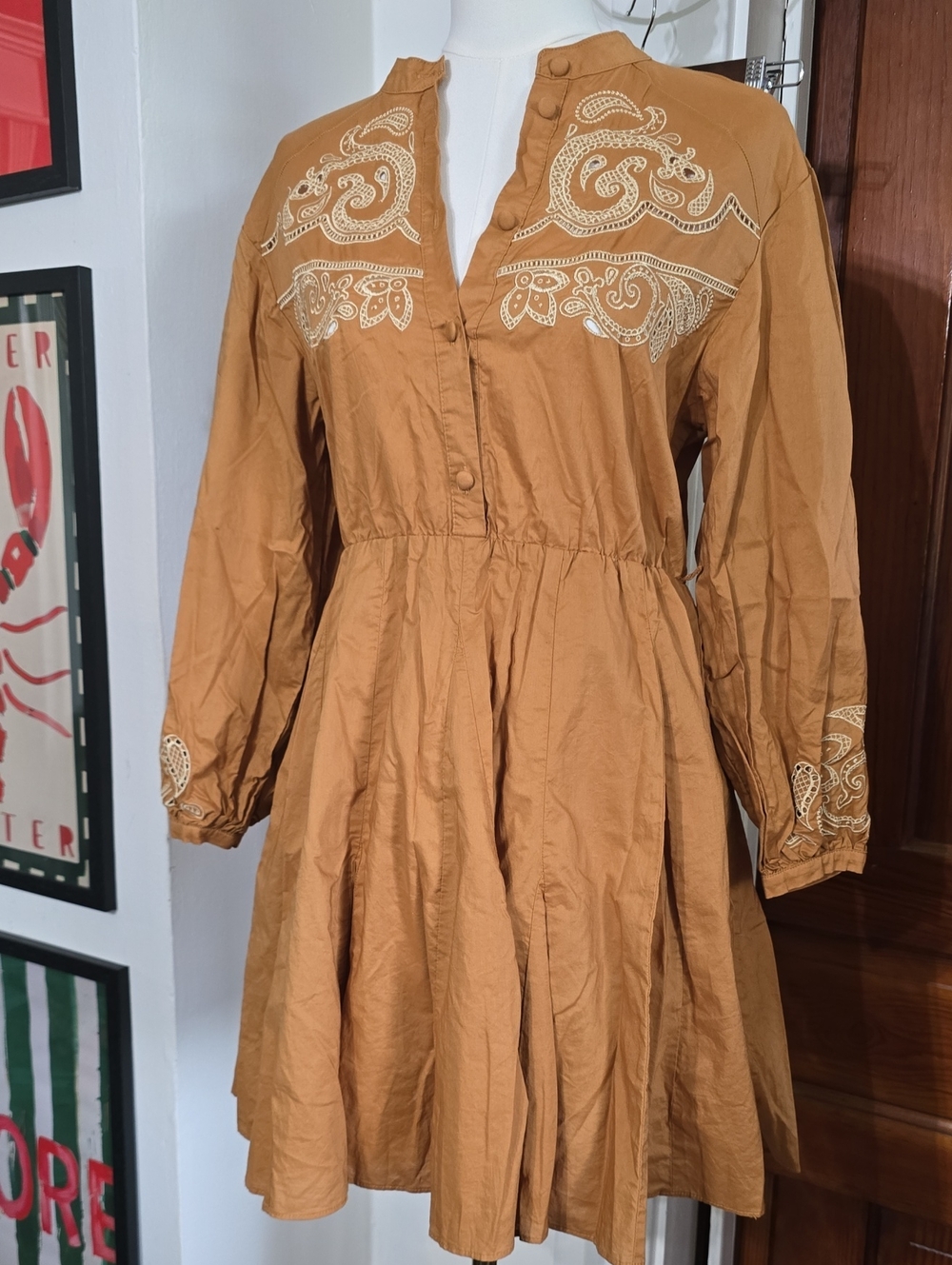 House of Harlow 1960 Tan Embroidered Long-Sleeve Dress
